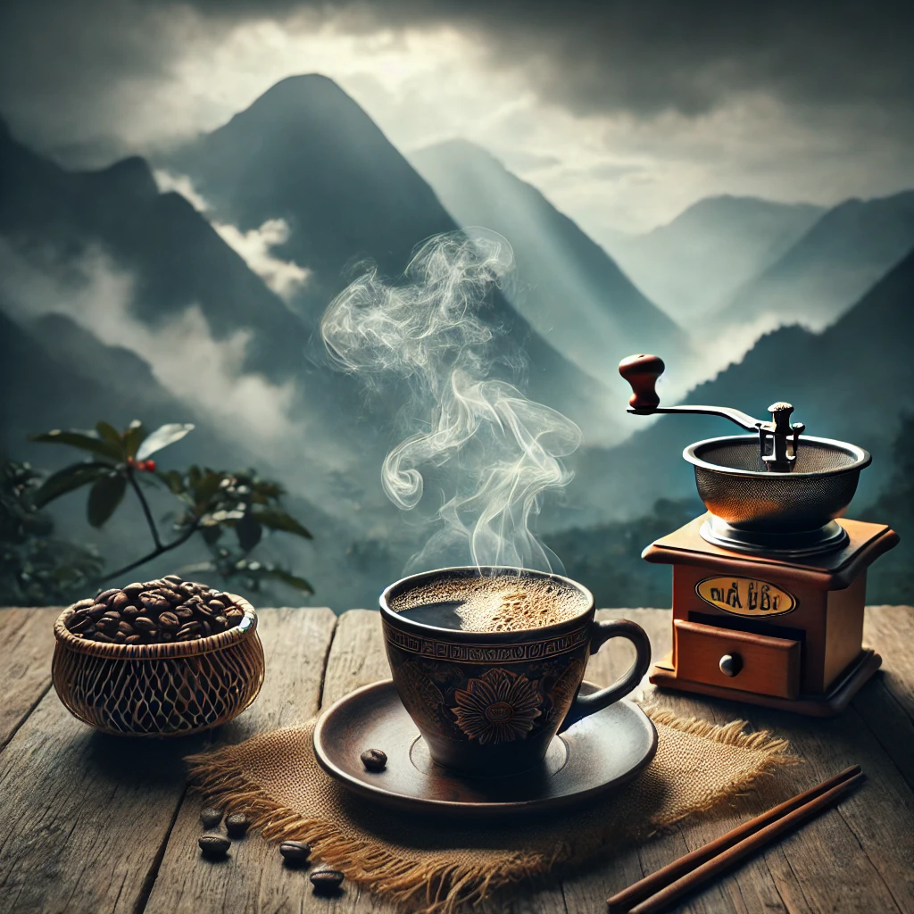 Du Lịch Bảo Lộc: Gợi Ý Quà Tặng Độc Đáo & Đặc Sản Không Thể Bỏ Lỡ 2 DALL·E 2025 02 20 21.10.52 A steaming cup of Bao Loc coffee placed on a rustic wooden table with a misty mountain landscape in the background. The coffee is dark and rich with
