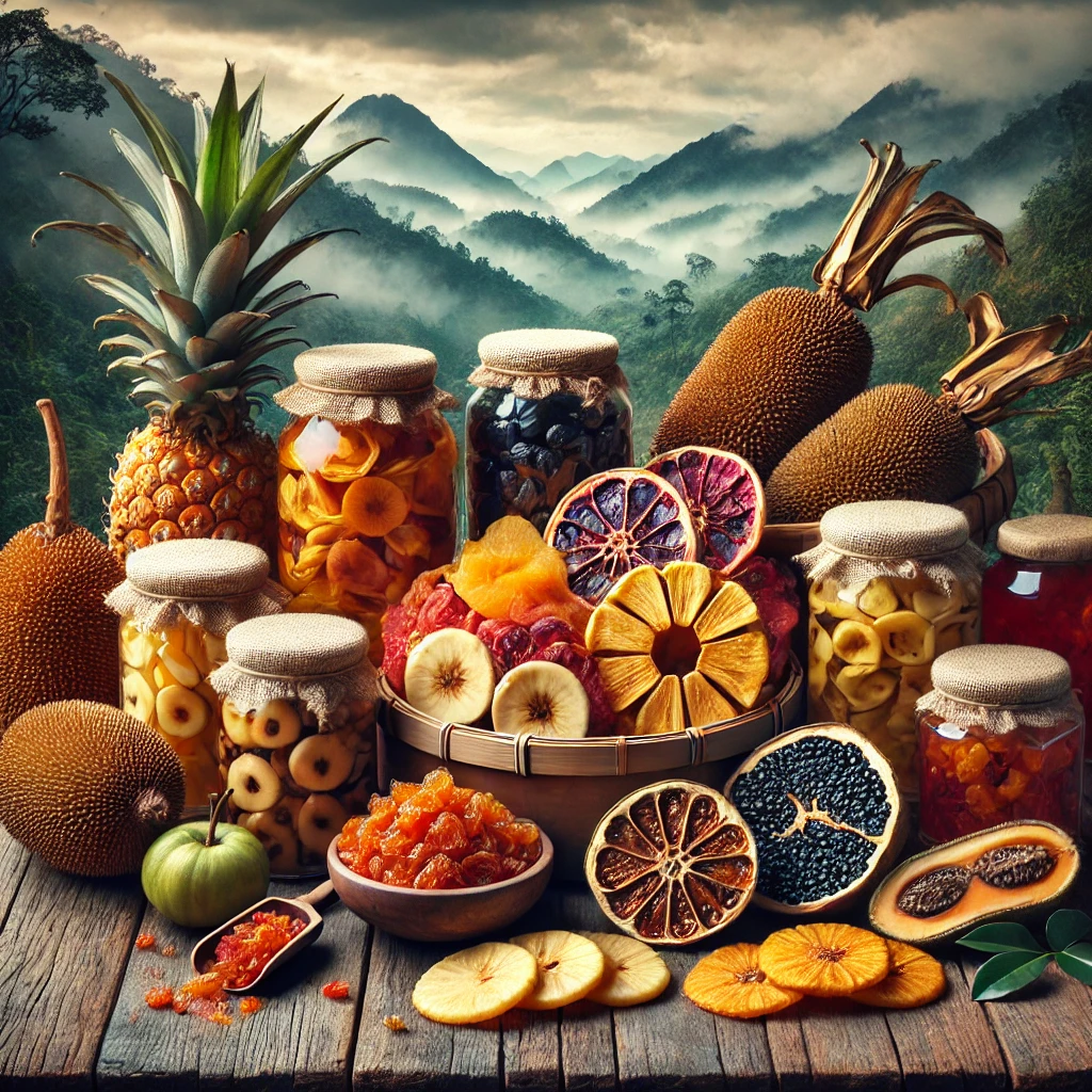 DALL·E 2025 02 20 21.11.57 An artistic arrangement of dried fruits and fruit preserves from the Central Highlands of Vietnam. The scene includes vibrant dried bananas pineapple