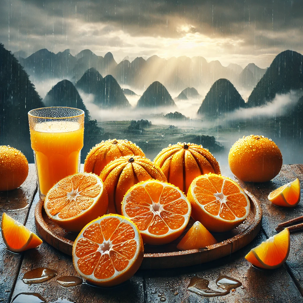 Du Lịch Bảo Lộc: Gợi Ý Quà Tặng Độc Đáo & Đặc Sản Không Thể Bỏ Lỡ 4 DALL·E 2025 02 20 21.13.00 A beautiful arrangement of fresh Bao Loc oranges sliced open to reveal their juicy golden interiors. The oranges are displayed on a rustic wooden ta