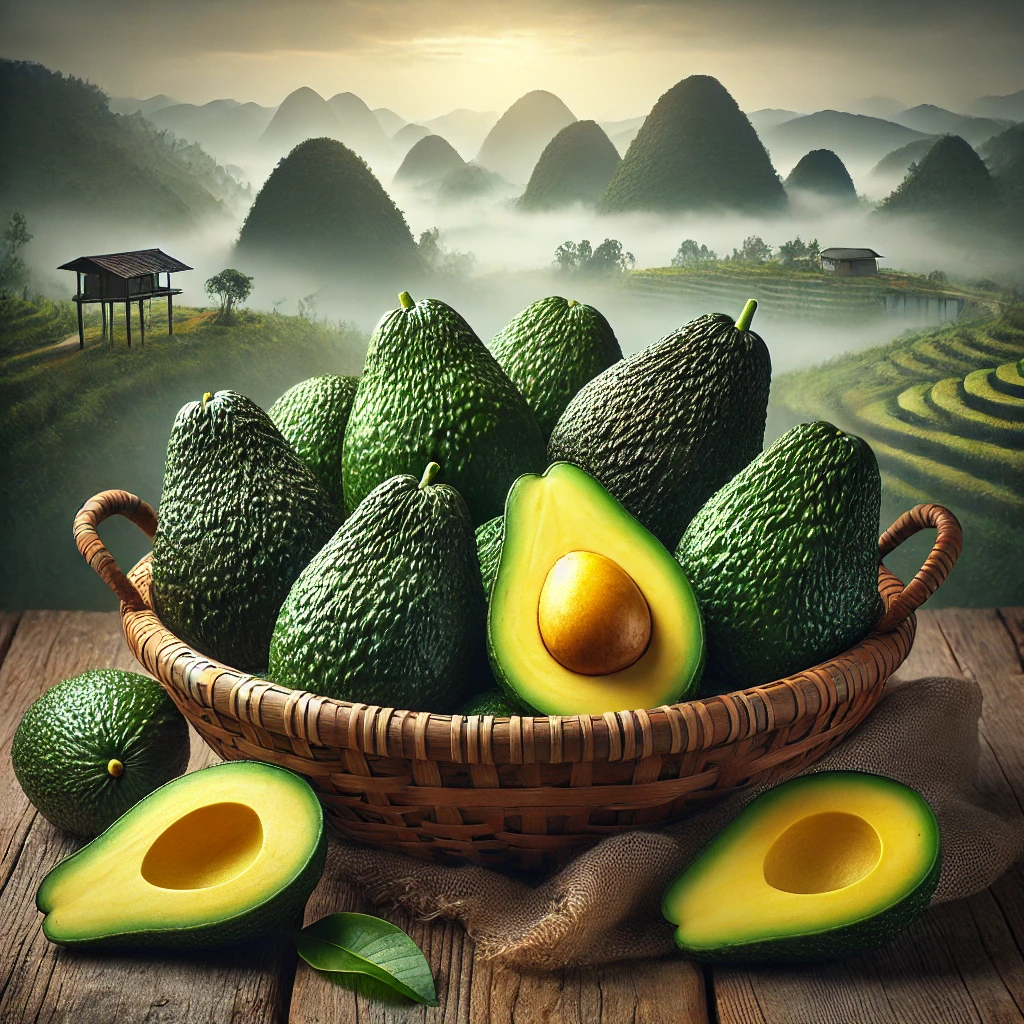 Du Lịch Bảo Lộc: Gợi Ý Quà Tặng Độc Đáo & Đặc Sản Không Thể Bỏ Lỡ 5 DALL·E 2025 02 20 21.14.13 A visually appealing arrangement of Bao Loc avocados known for their rich creamy texture. Whole avocados with smooth dark green skin are placed in