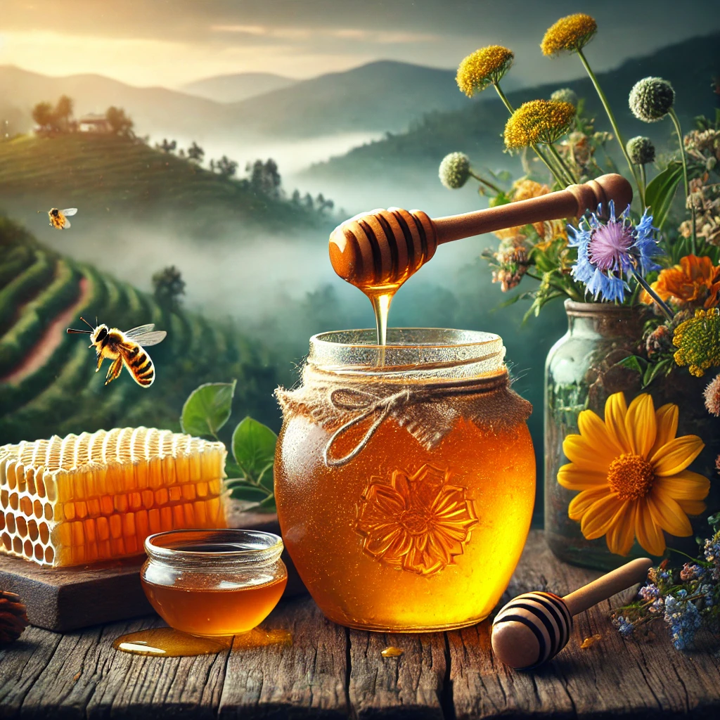 Du Lịch Bảo Lộc: Gợi Ý Quà Tặng Độc Đáo & Đặc Sản Không Thể Bỏ Lỡ 6 DALL·E 2025 02 20 21.15.31 A beautifully arranged scene featuring Bao Loc honey known as the golden liquid of nature. A glass jar filled with rich golden honey sits on a rusti