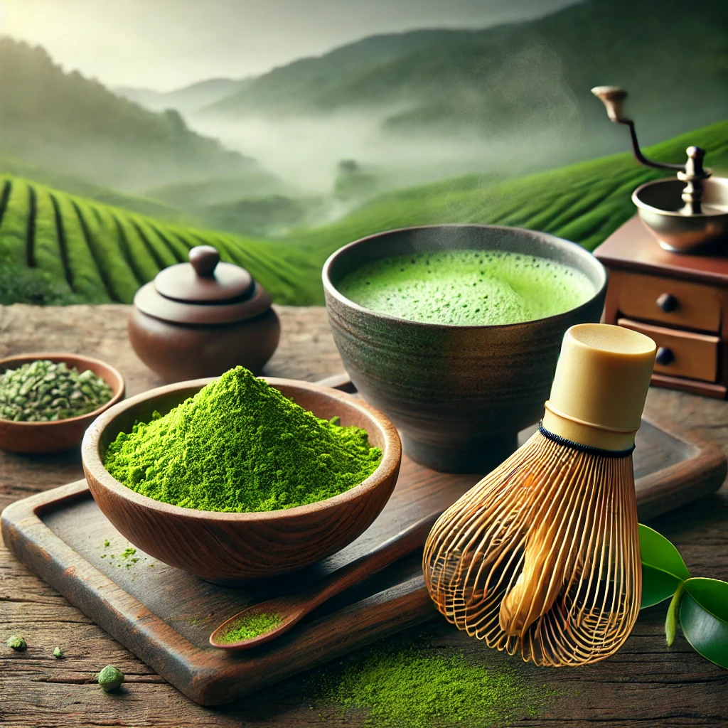 Du Lịch Bảo Lộc: Gợi Ý Quà Tặng Độc Đáo & Đặc Sản Không Thể Bỏ Lỡ 7 DALL·E 2025 02 20 21.16.55 A beautifully arranged scene featuring premium matcha green tea powder. A small wooden bowl filled with vibrant green matcha powder sits on a rustic w
