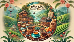 DALL·E 2025 02 20 21.25.58 A vibrant travel themed image promoting Bao Loc tourism with a focus on unique gifts and must try specialties. The image features a beautifully arrang