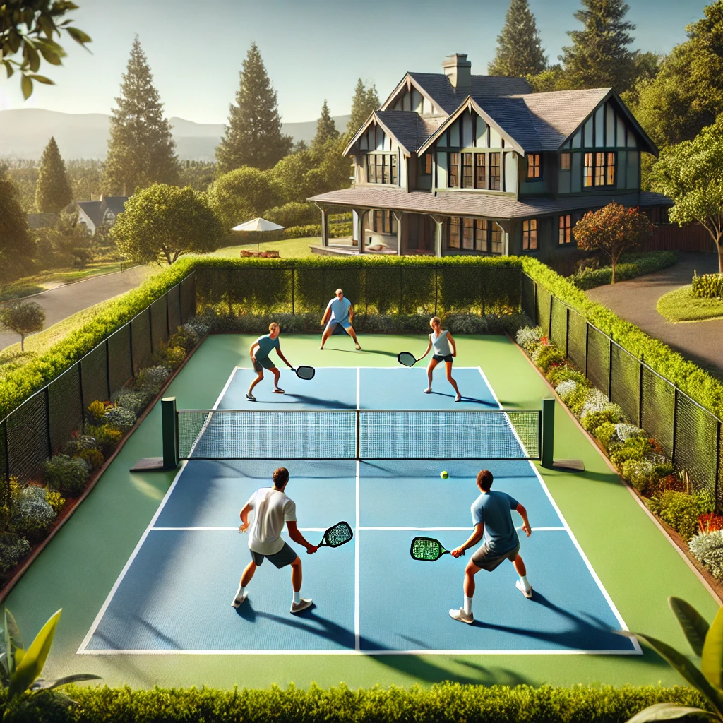 DALL·E 2025 02 26 09.26.20 An outdoor pickleball court with four players engaged in a doubles match. The court has a blue playing surface with green borders and a net in the ce