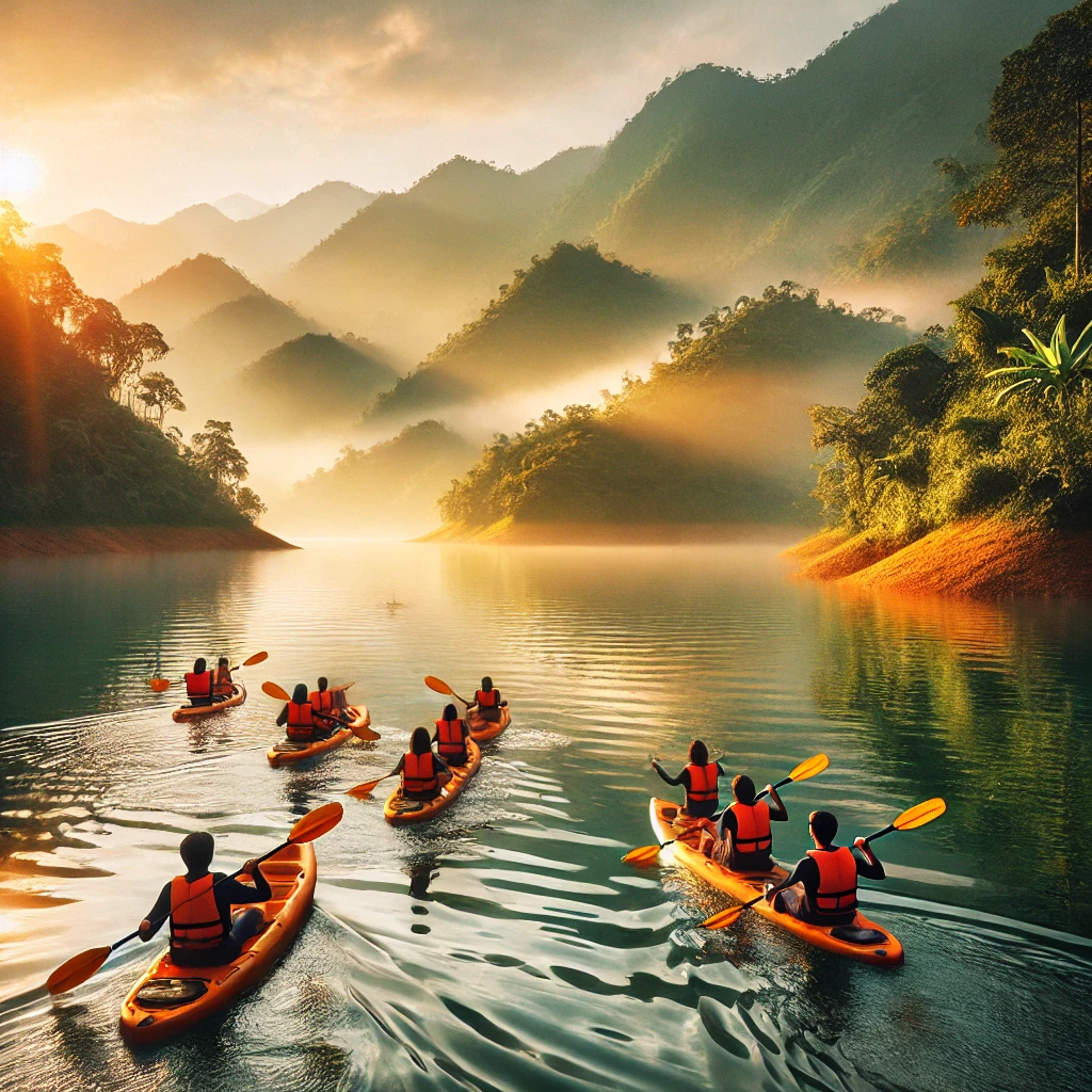 DALL·E 2025 02 26 10.39.42 A group of people kayaking on a beautiful lake in Bao Loc Vietnam surrounded by lush green hills and misty mountains. The water is calm and reflects