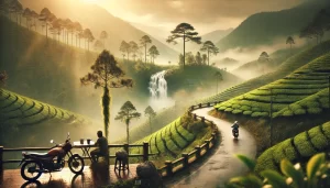 DALL·E 2025 02 28 10.58.37 A dreamy day in Bao Loc Vietnam. The image features misty hills lush green tea plantations and a peaceful waterfall cascading down moss covered roc